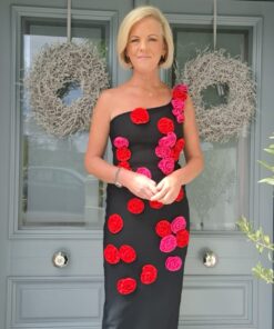 black dress with red & pink roses