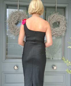 black dress with red & pink roses